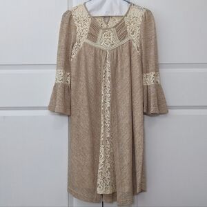 Ryu Lace Trim Layered Midi Dress Womens Medium Tan Bell Sleeve